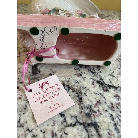 1997 Von Rattibor Handcrafted Porcelain Dove Pink Log Floral Accents Signed - Picture 7 of 8
